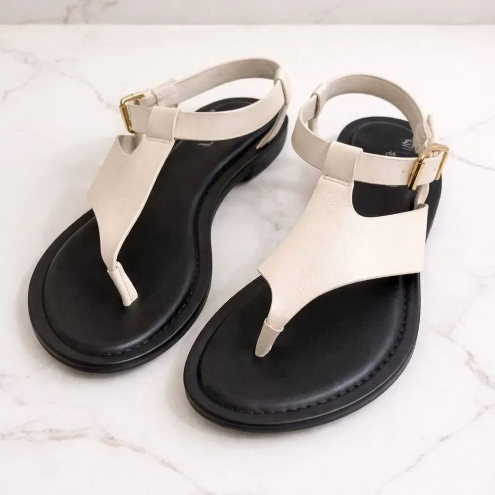 Silent D White Leather T-Strap Thong Sandals Minimalist Flat Sandal